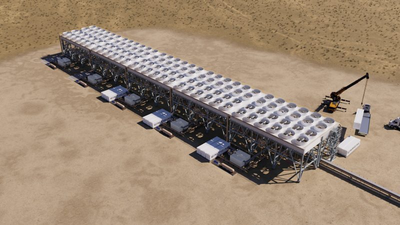 Aerial rendering of a Critical Energy power plant: container modules installed beneath a long air-cooled condenser with rows of cooling fans